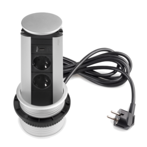 Multiconector Extraíble Port USB - Diámetro 100mm - 2 Enchufes Tipo Schuko - 1 USB Tipo A - Aluminio Gris Metalizado